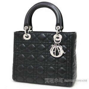 Christian Dior Lady Classic Handbag Cannage Stitch Black Lambskin Logo Charm